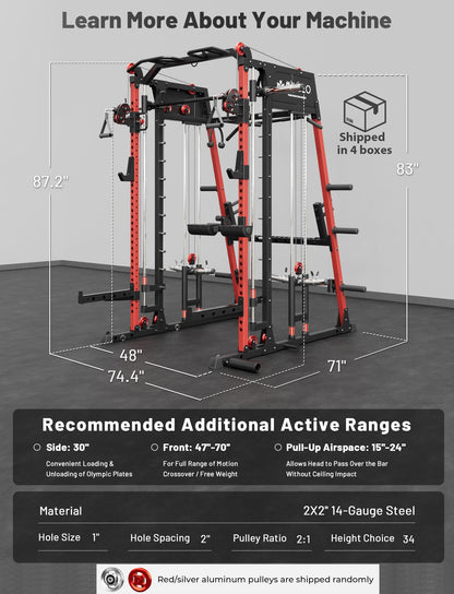Mikolo M4 2.0 Ultra Smith Machine with Aluminum Pulles, All-in-One Home Gym Power Cage with LAT Pulldown & Cable Crossover, Squat Rack for Full Body Workouts (Red)