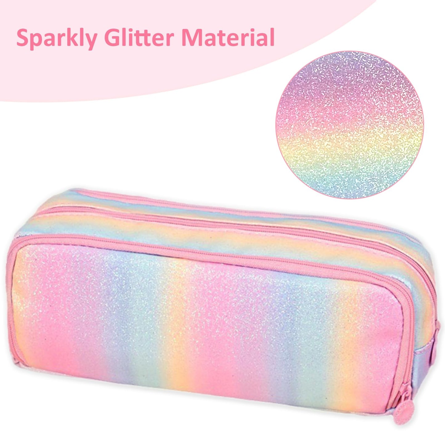 BETURETOP Glitter Rainbow Pencil Case, Large Capacity Pencil Pouch Pen Bag Organizer with 3 Compartments for Student School Office Supplies, Cute Pencil Holder Pen Box Stationary Bag