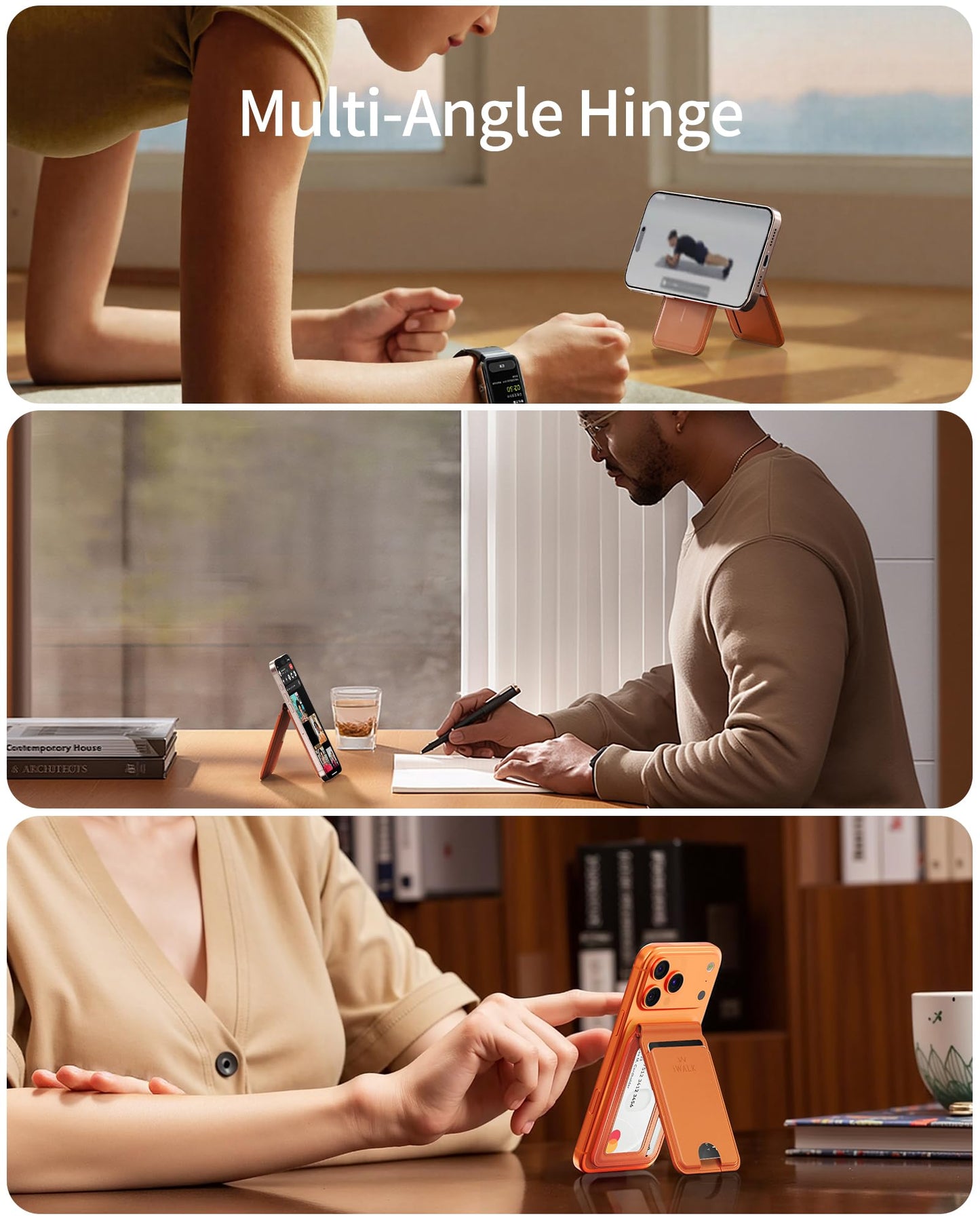 iWALK Stronger Magnetic Wallet, Upgraded for MagSafe Wallet, RFID Blocking, 5 Card Holder with Adjustable Stand, Slim Leather Phone Wallets for iPhone 17/16/15/14/13/12 Series, iPhone Wallets Orange