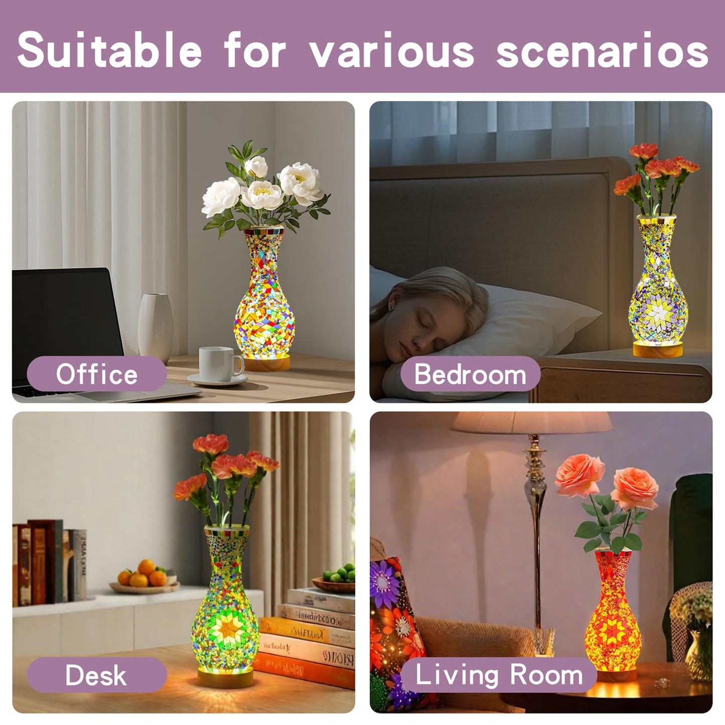 JAITAIK Stylish Turkish Mosaic Table Lamp Glass Vase Light with USB Power for Living Room or Bedroom Decoration