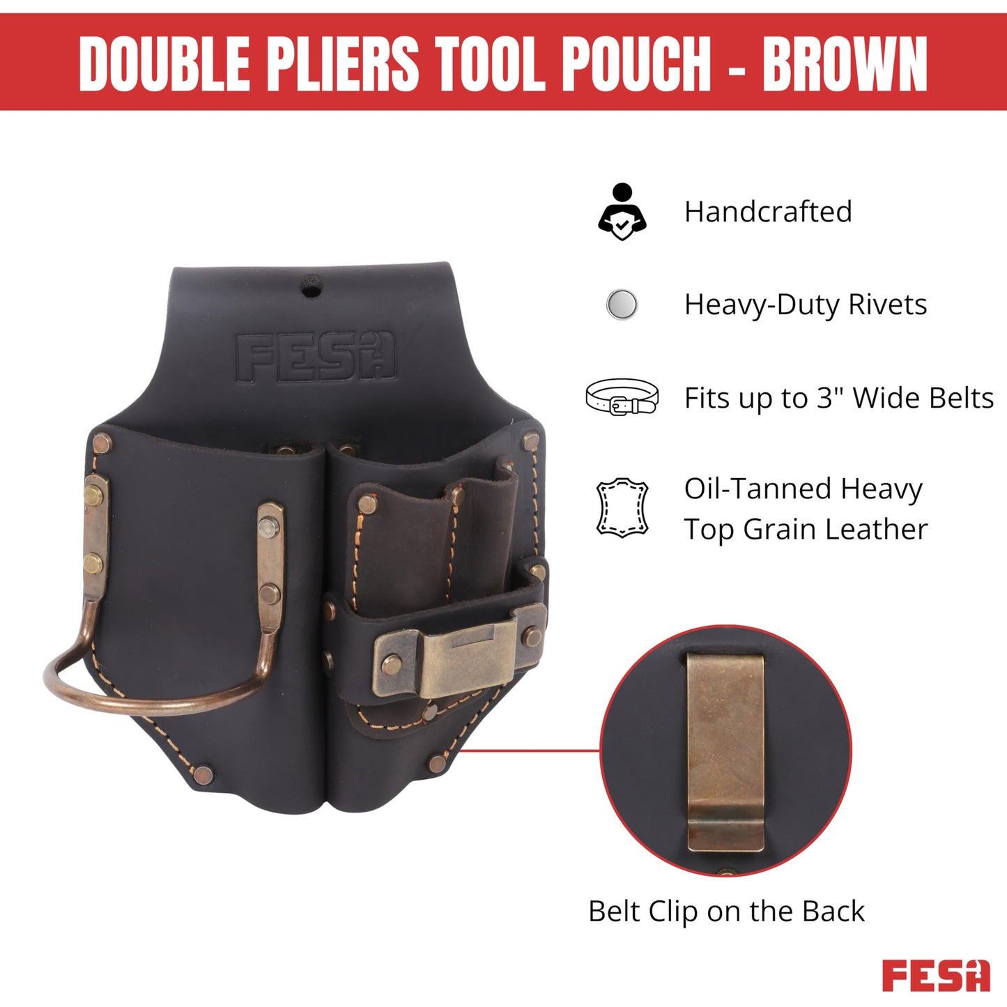 FESA Durable Leather Pliers Holster - Heavy Top Grain Leather Double Plier Holder for Belt with Steel Hammer Holder, Tape Clip & 2 Carpenter's Pencil Pockets - Clip On Any Belt - Handcrafted (Brown)