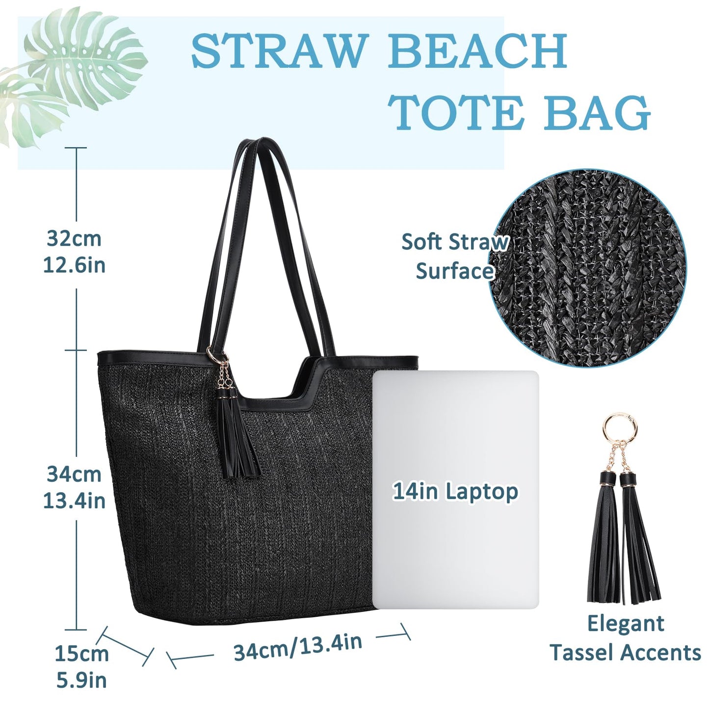 VASCHY Straw Beach Tote Bag for Women, Cute Trendy Woven Crochet Raffia Summer Shoulder Handbags Purses for Travel Vacation Black