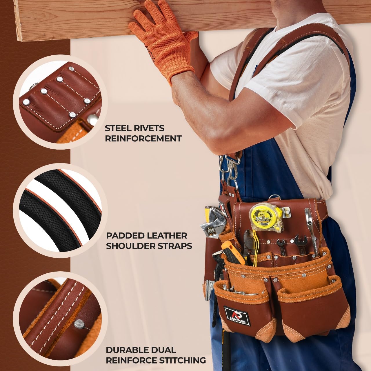 AP-LEATHER PRO-19 4MM Genuine Full Grain Leather Tool Belt for Men, tool belt with suspenders, Comfort Back Padded Support with Brass Hardware Tool Pouches With Suspenders (28 Pocket Tool Belt)