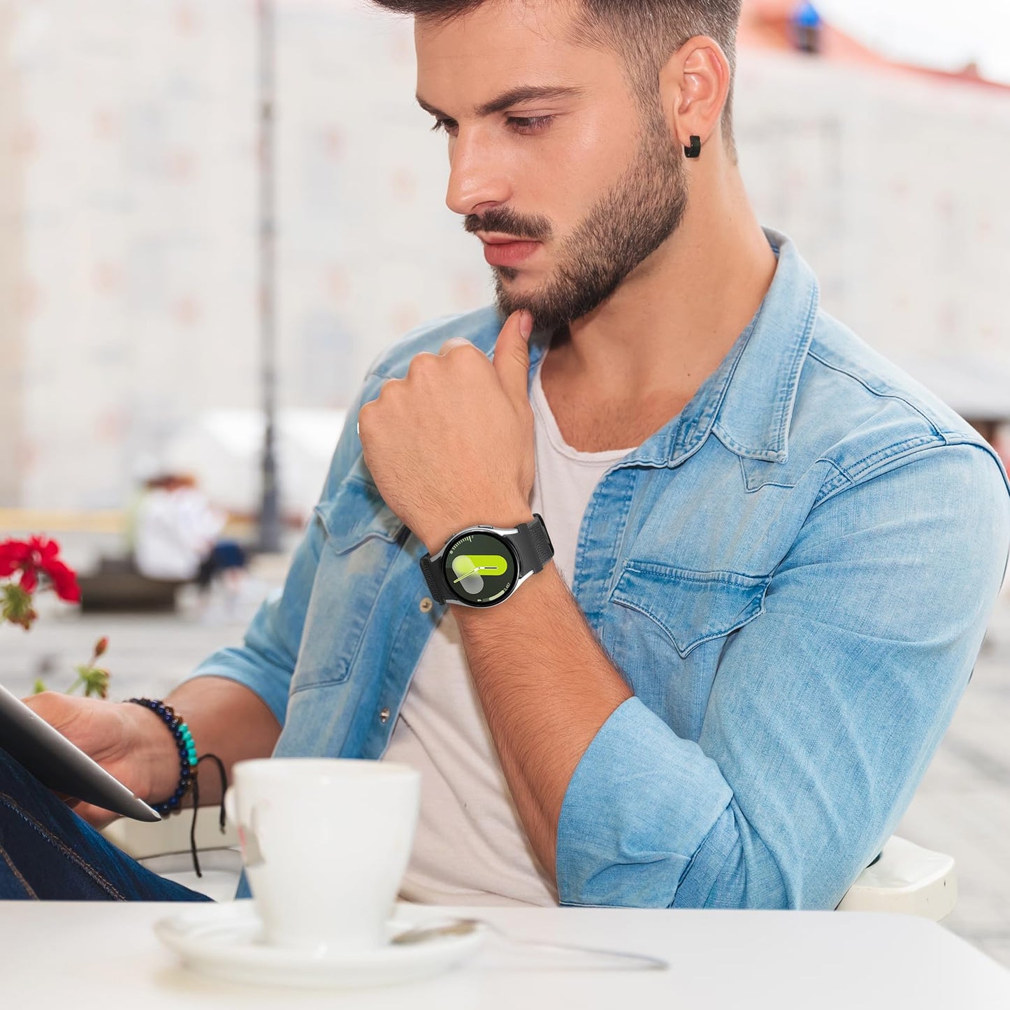 One Click Fabric Bands for Samsung Galaxy Watch 7 6 Band 5/4/FE 40mm 44mm/Galaxy Watch 6 Classic 43mm 47mm/5 Pro 45mm/4 Classic 42mm 46mm,Magnetic Elastic No Gap Wristband Stretchy Nylon Sport Strap