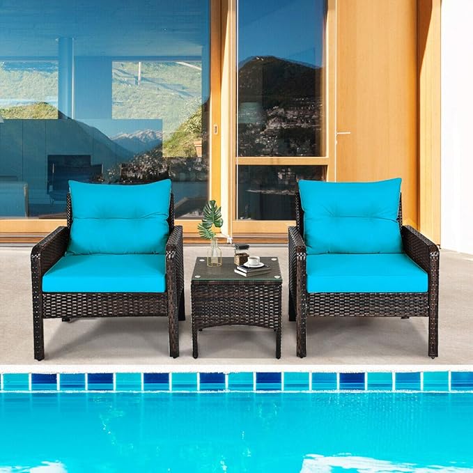 HAPPYGRILL 3 Piece Patio Furniture Set Outdoor Rattan Wicker Coffee Table & Chairs Set with Seat Cushions Patio Conversation Set for Garden Balcony Backyard Poolside