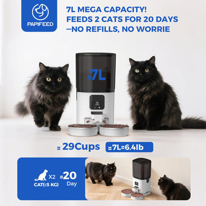 PAPIFEED 7L Automatic Cat Feeders for 2 Cats - 2.4G WiFi Timed Auto Feeder with APP Control, Cat Food Dispenser with Alexa for Multiple Cats, Detachable for Easy Clean, 1-10 Meals Per Day - White