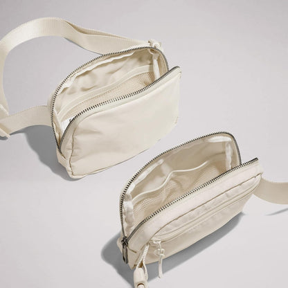 Cross Body Fanny Packs for Women Men Fashion Waist Bag Pouch Nylon Small Travel Crossbody Bags Mini Purse Everywhere Belt Bag Bum Bag with Adjustable Strap for Workout Running Hiking Ivory