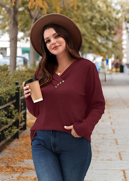 WIHOLL Long Sleeve Shirts for Women Fall Outfits V Neck T Shirts Button Down Tunic Tops Fashion Clothing
