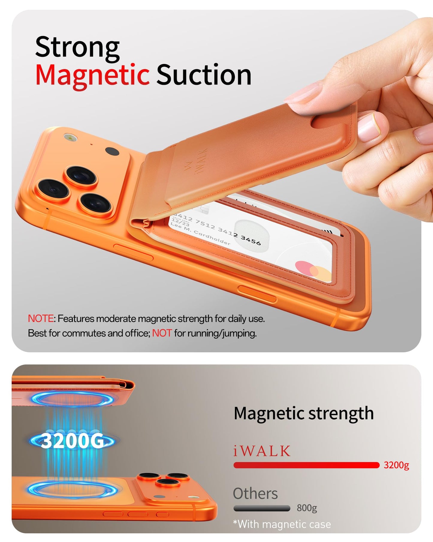 iWALK Stronger Magnetic Wallet, Upgraded for MagSafe Wallet, RFID Blocking, 5 Card Holder with Adjustable Stand, Slim Leather Phone Wallets for iPhone 17/16/15/14/13/12 Series, iPhone Wallets Orange