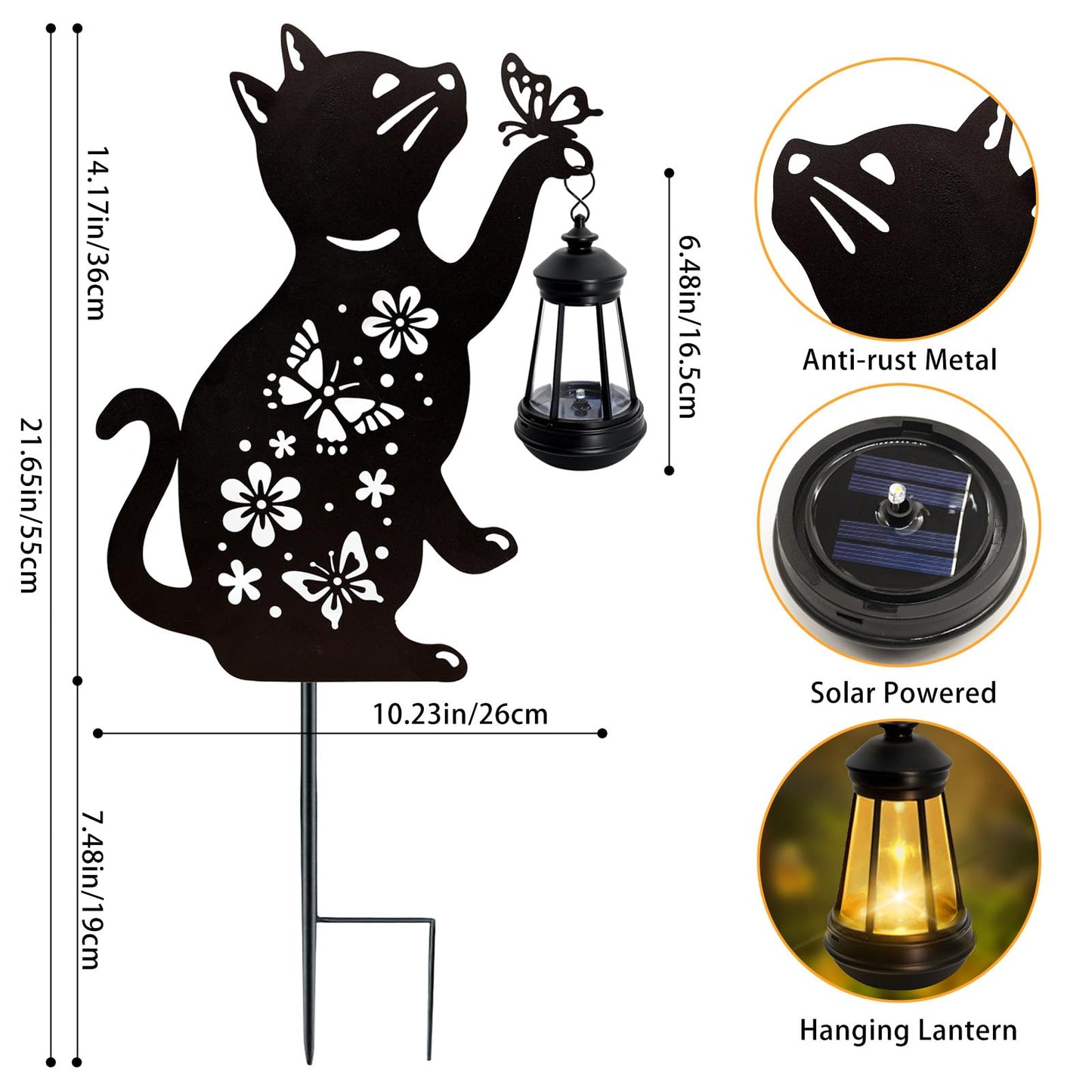 ANGMLN Cat Solar Lights Outdoor, Black Cat Hanging Lantern Waterproof, Cat Lover Gifts for Women Mom Birthday Mother's Day, Metal Garden Statue Yard Decor Patio Pathway Backyard Lawn Ornaments