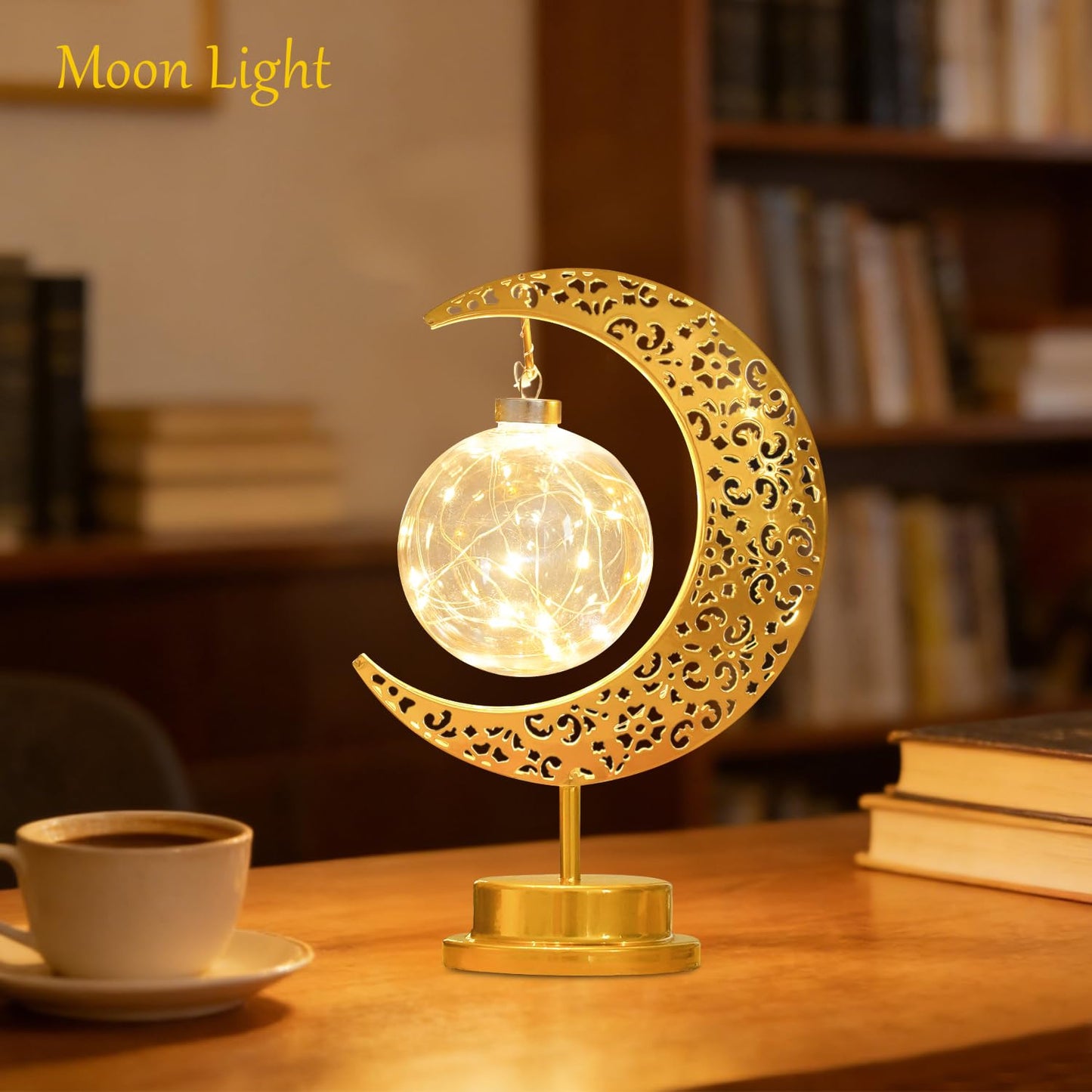 Moon Lamp with Hanging Globe, Decorative Crescent Moon Table Lamp Battery Powered, Retro Metal Islamic Decor LED Night Light for Bedroom Living Room, Gift for Women Birthday Christmas Boho Home Decor