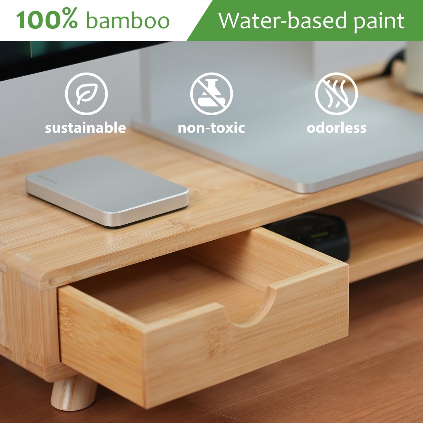 ROCDEER Bamboo Monitor Stand Riser with Drawer, Ergonomic Computer Riser for Desk with Cable Management & Storage Organizer, Wood Monitor Stand for Home Office