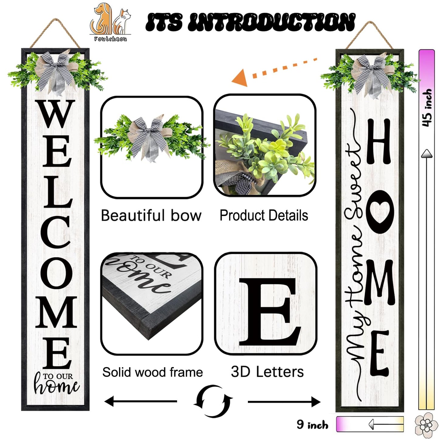 Double-sided Welcome Sign for Front Door, 45"X9" Wooden Welcome to Our Home Outdoor Welcome Signs for Porch with Magnetic-adhesive Wreath, 2in1 Vertical Tall Welcome Porch Sign, Black
