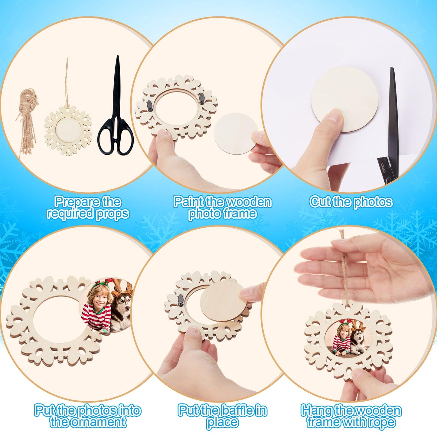 Thyle 12 Pcs Christmas Picture Frame Craft Kits DIY Wooden Snowflake Ornaments Bulk Xmas Tree Hanging Photo Frames for Christmas Party Winter Activities Home Decorations Gift