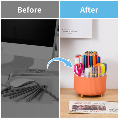 Marbrasse Desk Organizer, 360-Degree Rotating Pen Holder, Desk Organizers and Accessories with 5 Compartments Pencil Holder, Art Supply Storage Box Caddy for Office, Home（Orange）