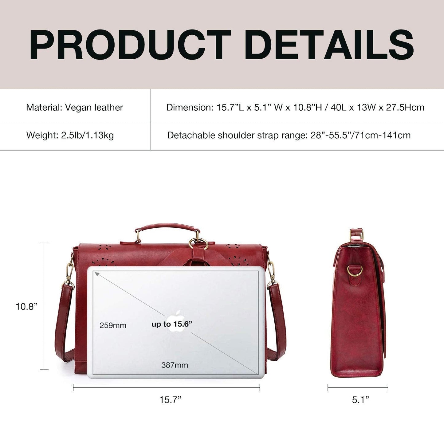 ECOSUSI Women's Briefcase Vegan Leather 15.6 inch Laptop Bag for Work Computer Shoulder Satchel Bag with Detachable Bow, Red