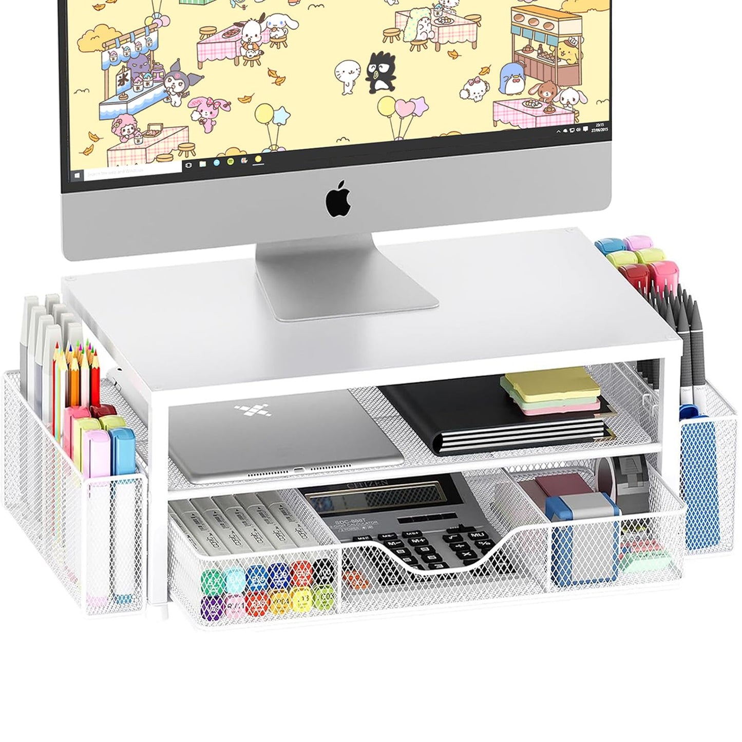 OPNICE Desk Organizers and Accessories, 2-Tier Computer Monitor Stand Riser with Drawer and 2 Pen Holders, Laptop Stand, Office Desk Accessories for Office Supplies, White