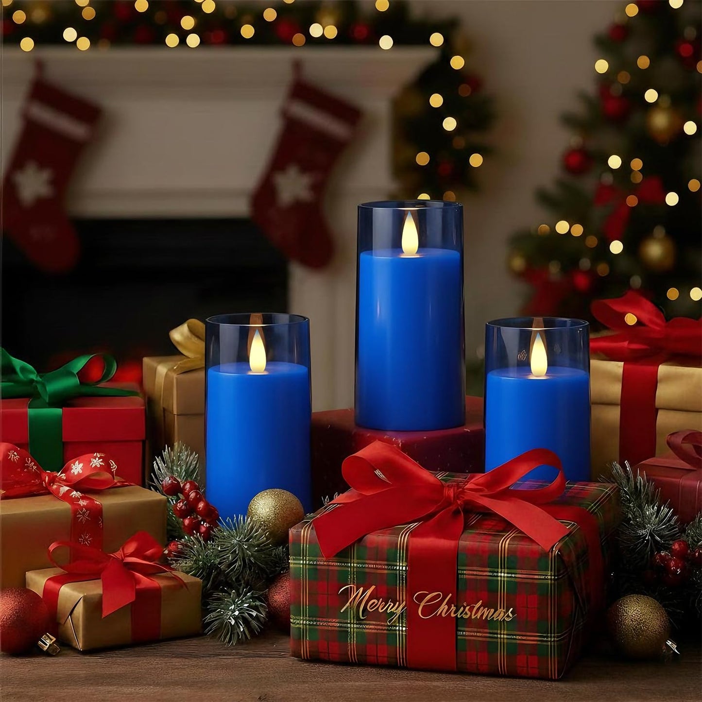 Raycare Flameless Electronic Pillar Candles with Remote Control and Timer- Battery Operated Realistic Flickering LED Fake Candle for Home, Wedding, Valentine's Day Decor,Blue,Set of 3(3"x4"5" 6")