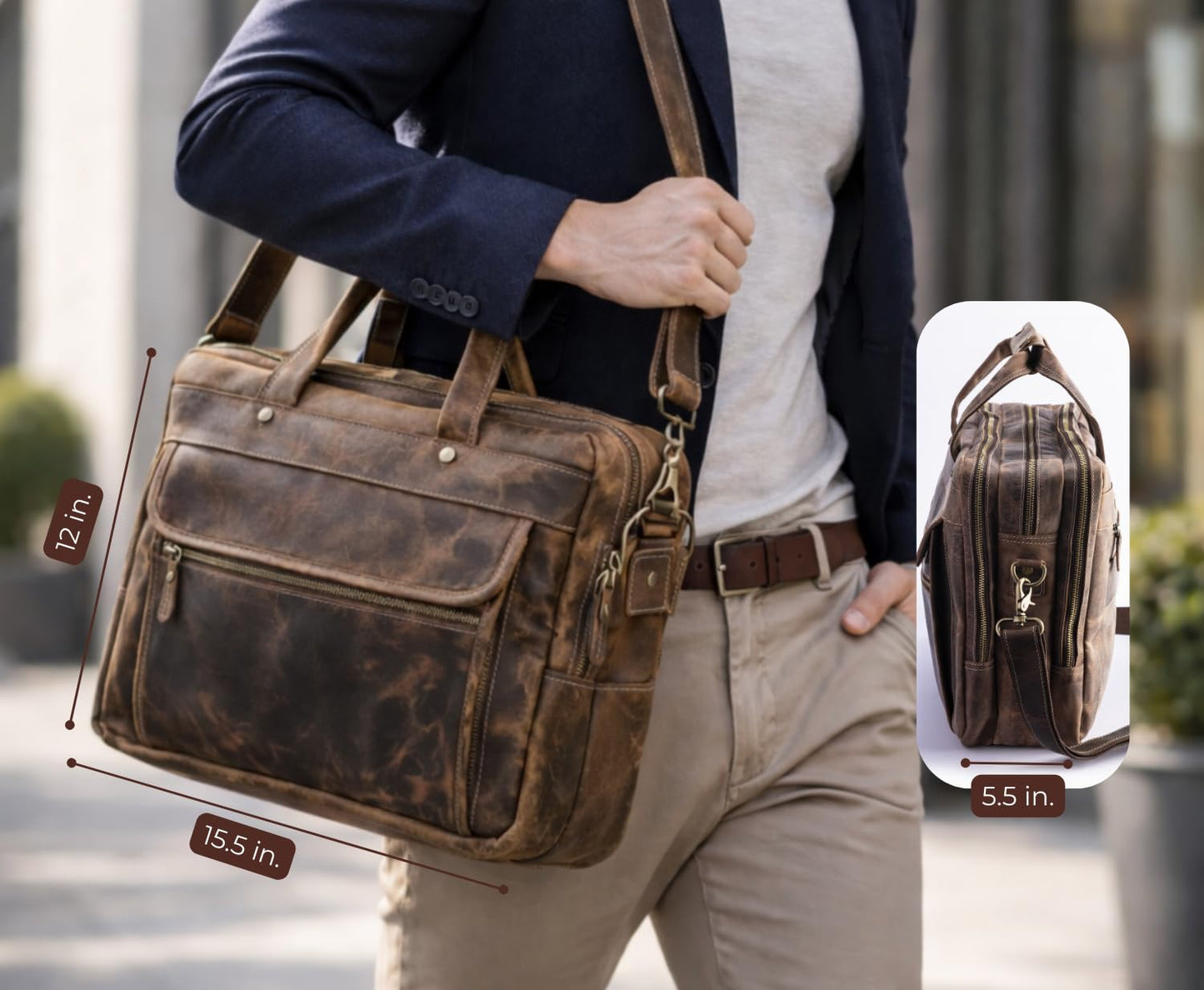Brown Leather Messenger Bag for Men, Genuine Leather Briefcase Fits 15 Inch Work Satchel for Office, Business, and Travel Use
