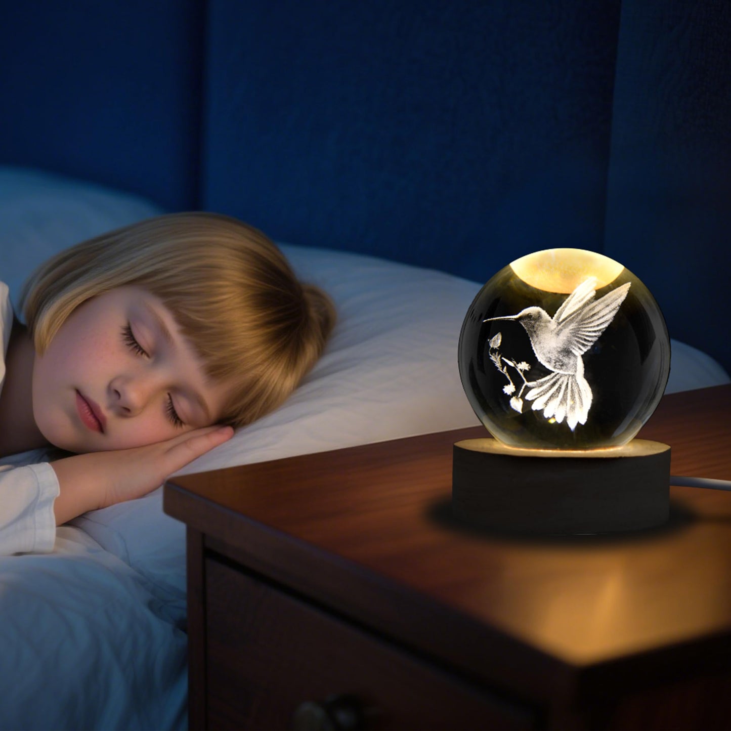 AOFEGRLT 3D Laser Engraved Bird Crystal Ball with LED Stand, 60mm Hummingbird Figurine Lamp Night Light, Glass Hummingbird Globe Paperweight Gift