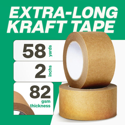 ALNAMAUS 3 Rolls 2 Inch 58 Yards Each (174 ft) Brown Kraft Paper Packing Tape, Heavy Duty, Writable & Hand-Tearable, Eco-Friendly, Great for Moving Boxes, Masking, Sealing & Frame Painting