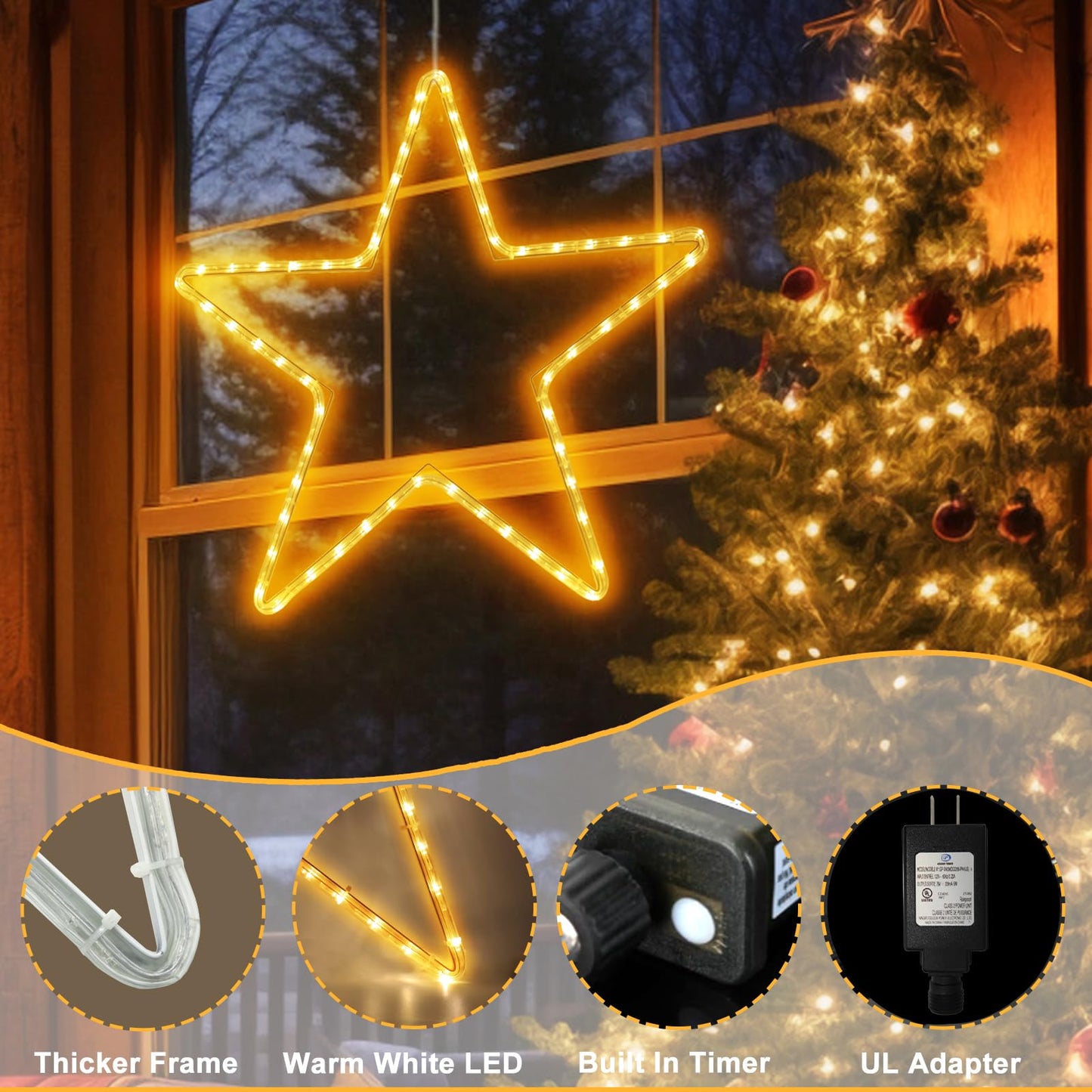 DBFAIRY 19.68" Star Outdoor Christmas Lights, 40 LEDs Christmas Light Up Star with Timer, Hanging Big Star Window Lights Mains Powered for Xmas New Year Holiday Wedding Party Decor, Warm White