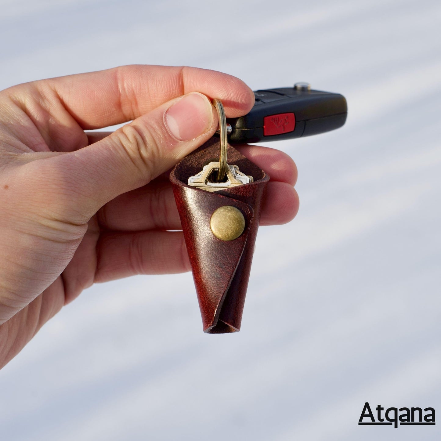 Atqana Leather Key Wrap Cover (Premium Leather) - Key Organizer | Motorcycle Keychain Wrap (Extra Dark Brown) (Brass Button)