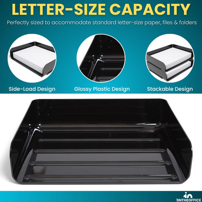 1InTheOffice Stackable Paper Tray Organizer, Plastic Letter Tray, Office Desk Tray, Black (4Pack)