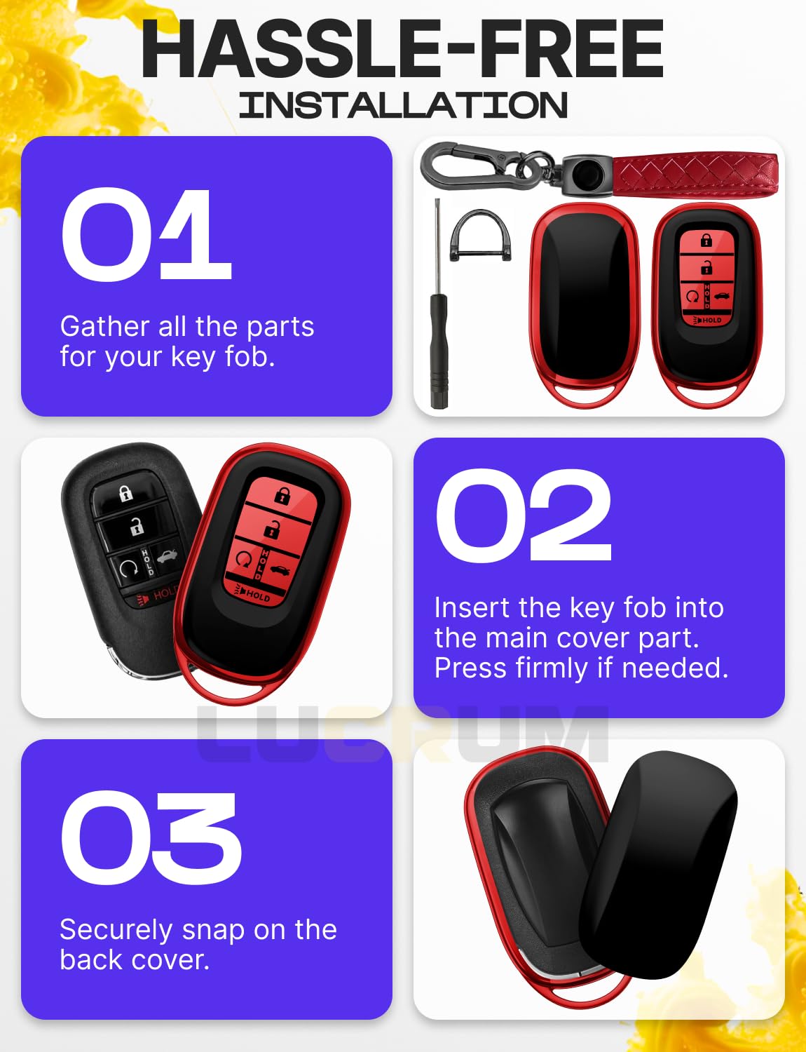 Lucrum Compatible with Honda Key Fob Cover & Leather Keychain - TPU Keyfob Case for Accord Civic CR-V HR-V Pilot Ridgeline, For 5 Button Remote (2022-2026) - Red and Black