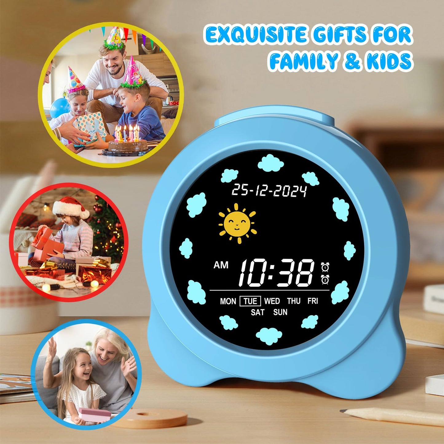 Kids Alarm Clock, Sun & Moon LED Display with Day & Date, Children's Sleep Trainer with Night Light & Sleep Sounds, Cute Wake Up Clock for Kids Bedroom, Easy to Use Birthday Gift for Boy and Girls