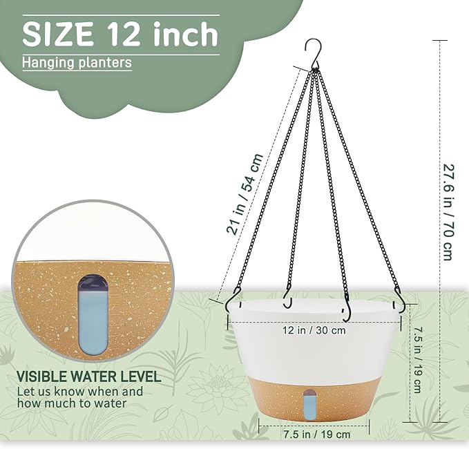 ZMTECH 12 Inch Hanging Planters for Indoor Plants, 3 Pack Self Watering Hanging Planter with Visual Reservoir, Hanging Pots for Plants Outdoor with Drainage Hole and Plant Hanger(3 Pack, White)