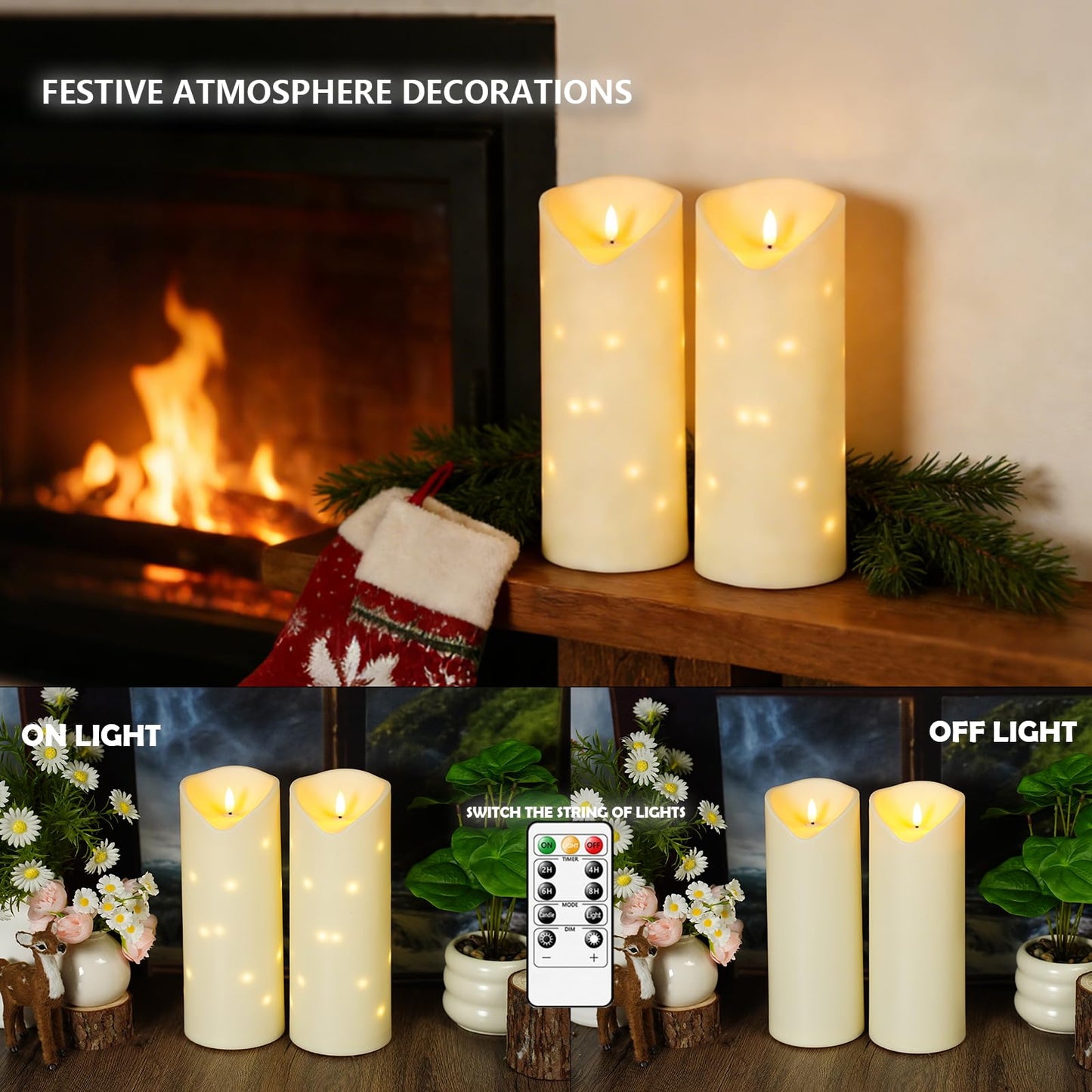 4" x10" Outdoor Flameless Candles Waterproof, Battery Operated LED Candles with Remote Control and Timer，Internal string lights，Ivory , Set of 2，Suitable for home decoration and holiday decoration