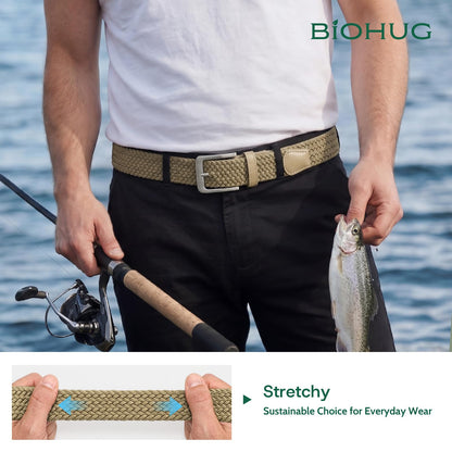 BIOHUG Men's Elastic Braided Belt Eco-Friendly Recycled Fabric Stretch Woven Belt for Jeans Pants,Golf Casual Wear 1.34" Width Khaki