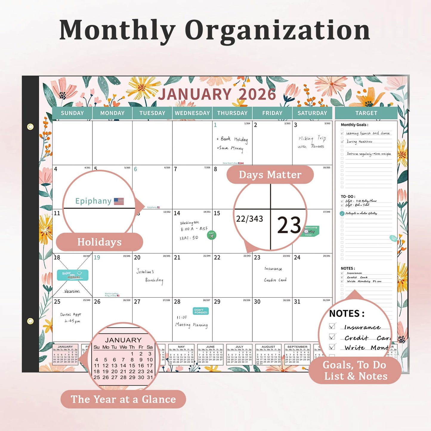 Ospelelf Desk Calendar 2026-2027 Large 22"x17" Monthly Family Office Planner Pad with Protective Cover 18 Months January 2026 - June 2027 Ditsy Floral