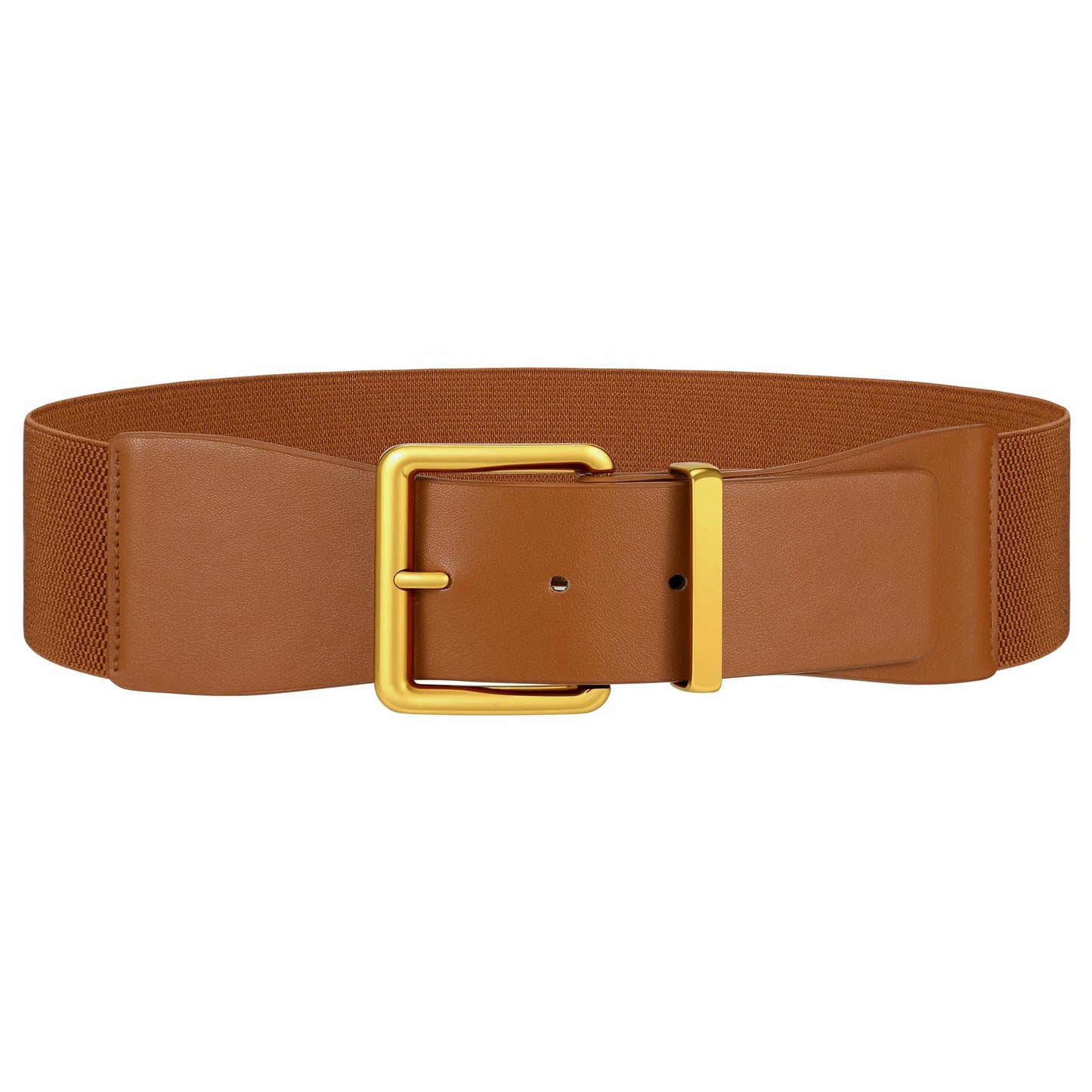 TRIWORKS Women Wide Elastic Belt for Dresses Vintage Stretchy Waist Belt with Gold Chunky Buckle,Brown