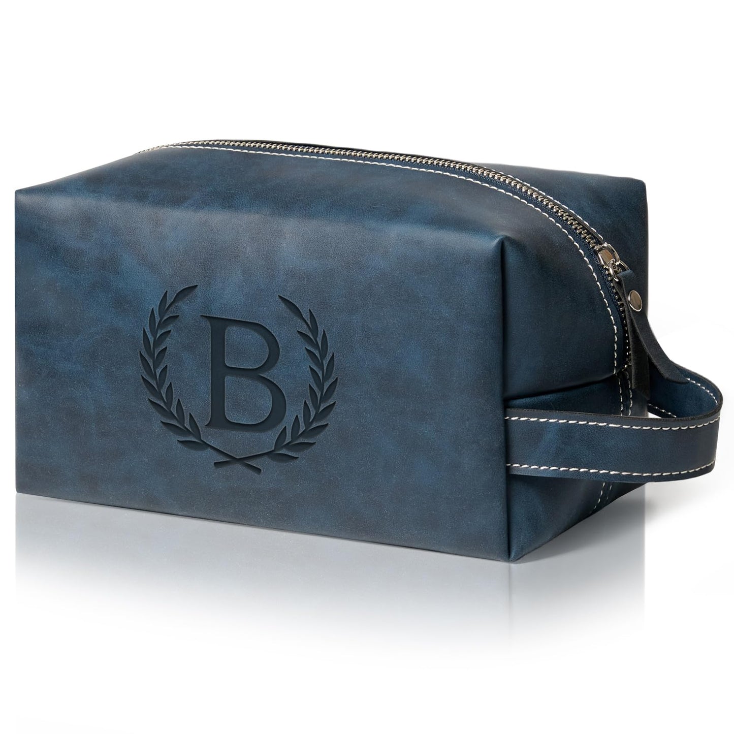 Aganmi Personalized Gifts Travel Toiletry Bag for Men Engraved Initial PU Leather Waterproof Shaving Bag for Toiletries Accessories Fathers Day Birthday Gift for Men Dad Husband Son, Dark Blue B