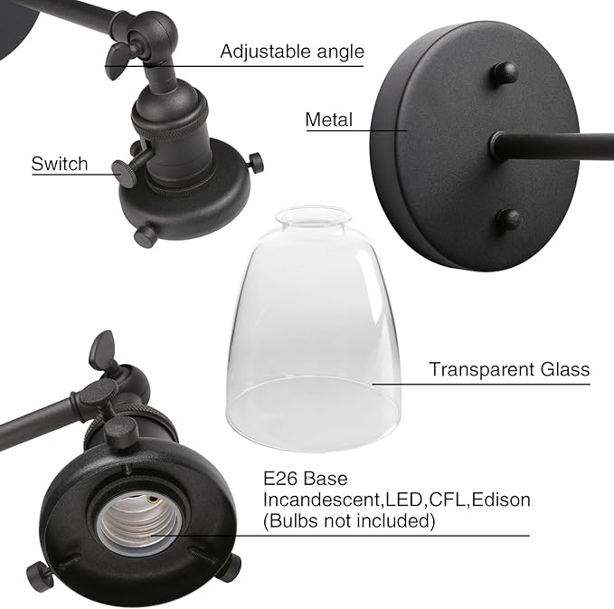 Pathson Vintage Hardwired Wall Sconce with On Off Switch, Clear Glass Black Vanity Light, Indoor Wall Lighting Fixtures for Bathroom Bedside Garage Porch Cafe Club