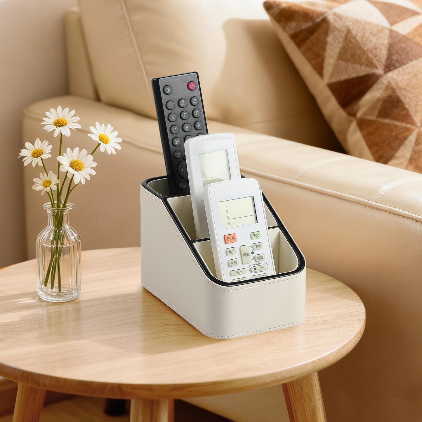 NICLNGSH PU Leather Remote Control Holder, Small Desk Organizer Office Supply Bedside Caddy for Nightstand End Table Couch, Pen Remote Organizer with 3 Compartments (Cream)