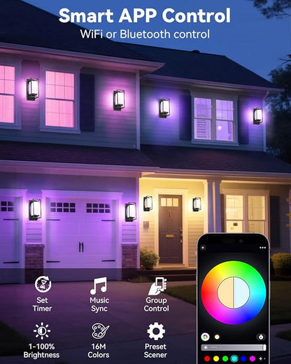 SHIMR Smart Outdoor Wall Lights 2 Pack, WiFi RGB Color Changing Sconce 2700K–6500K Tunable White, Dusk to Dawn Outdoor Light Fixture with E26 Base for House Porch Garage, Work with Alexa & Google