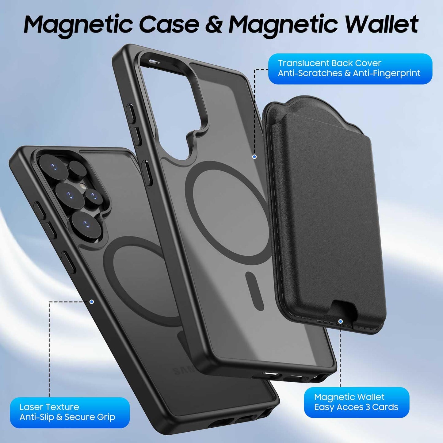 Ntwinro Magnetic for Samsung Galaxy S25 Ultra Case, Detachable Magnetic Wallet with Card Holder, [Fit for MagSafe] Military-Grade Shockproof Translucent Matte Anti-Scratch Phone Case, Black