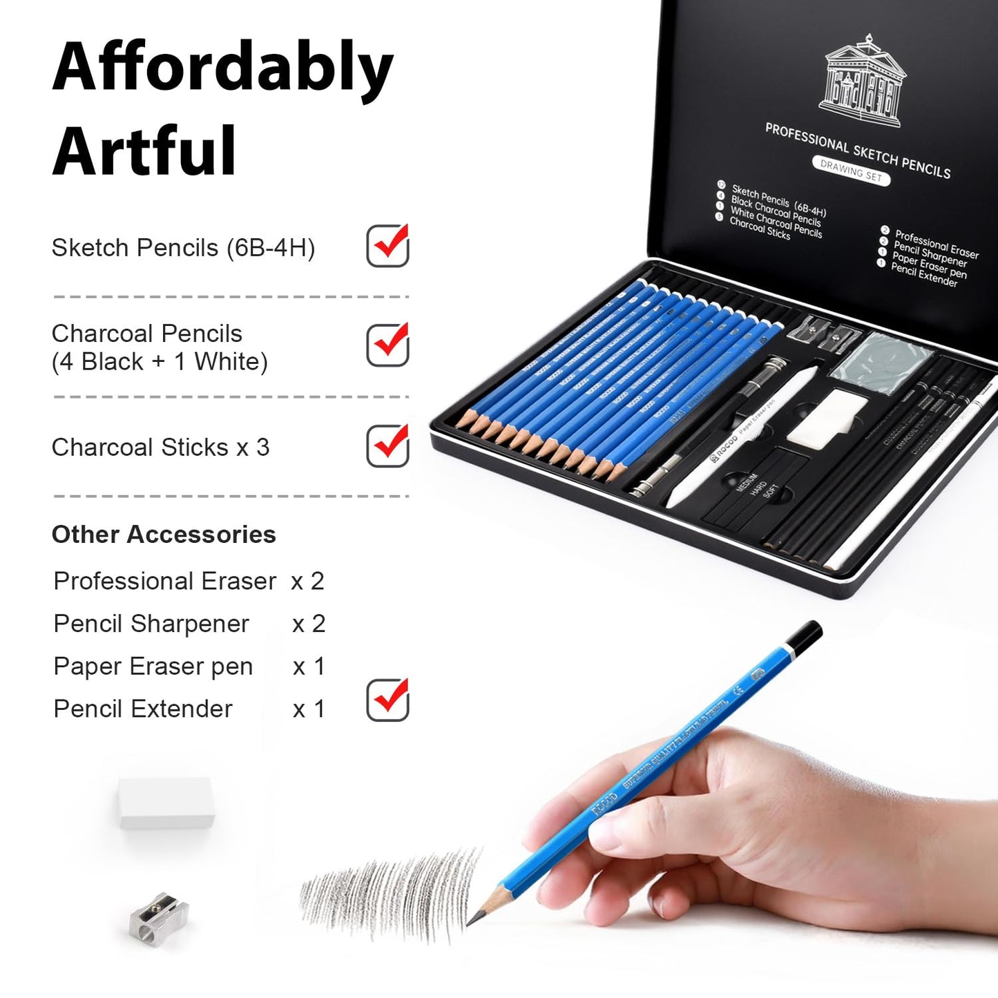 ROCOD Sketch Pencils for Kids and Adults Drawing, 26-Piece Profession Sketching Pencils, Drawing Pencil for Artists Beginner Sketching, Art Graphite Pencil 6B to 4H