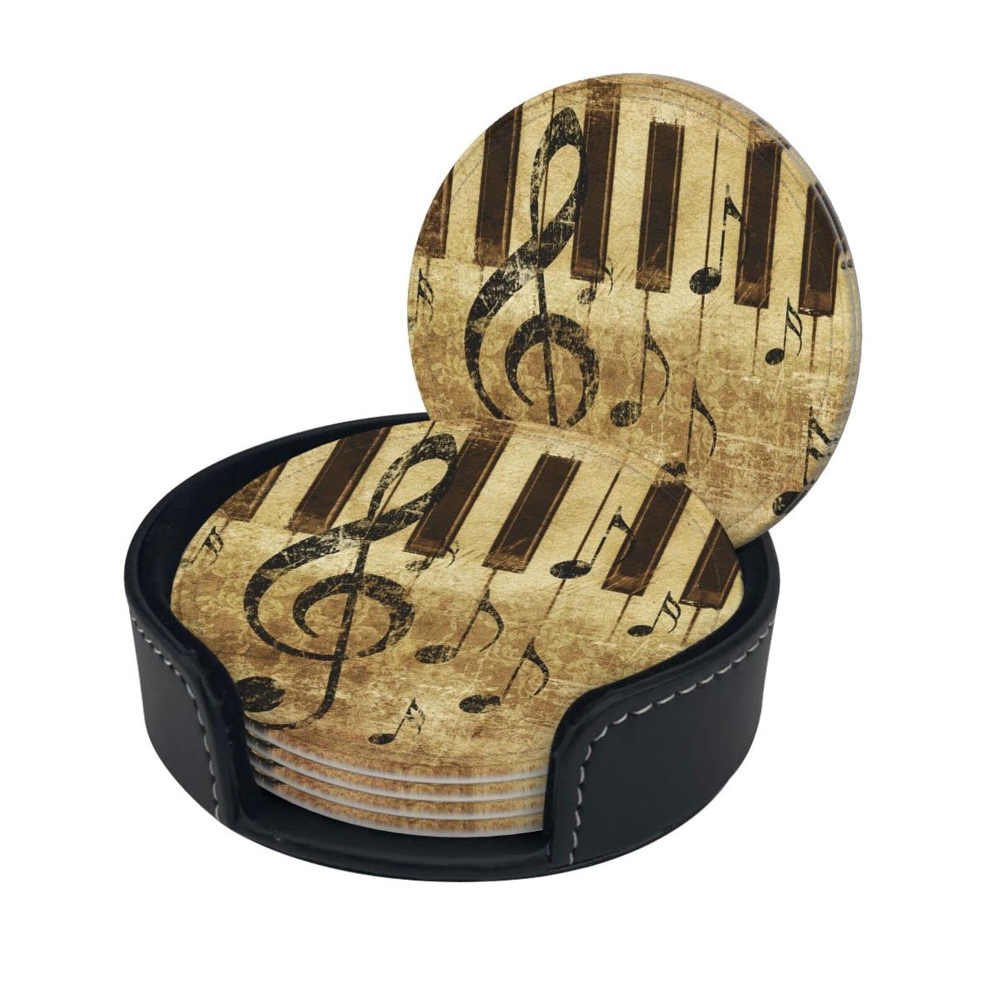 Famame 6 Pcs Leather Coasters for Drinks with Holder Grunge Retro Piano Music Notes Coaster Sets Drink Table Cup Coasters for Living Room Kitchen Coffee Decor
