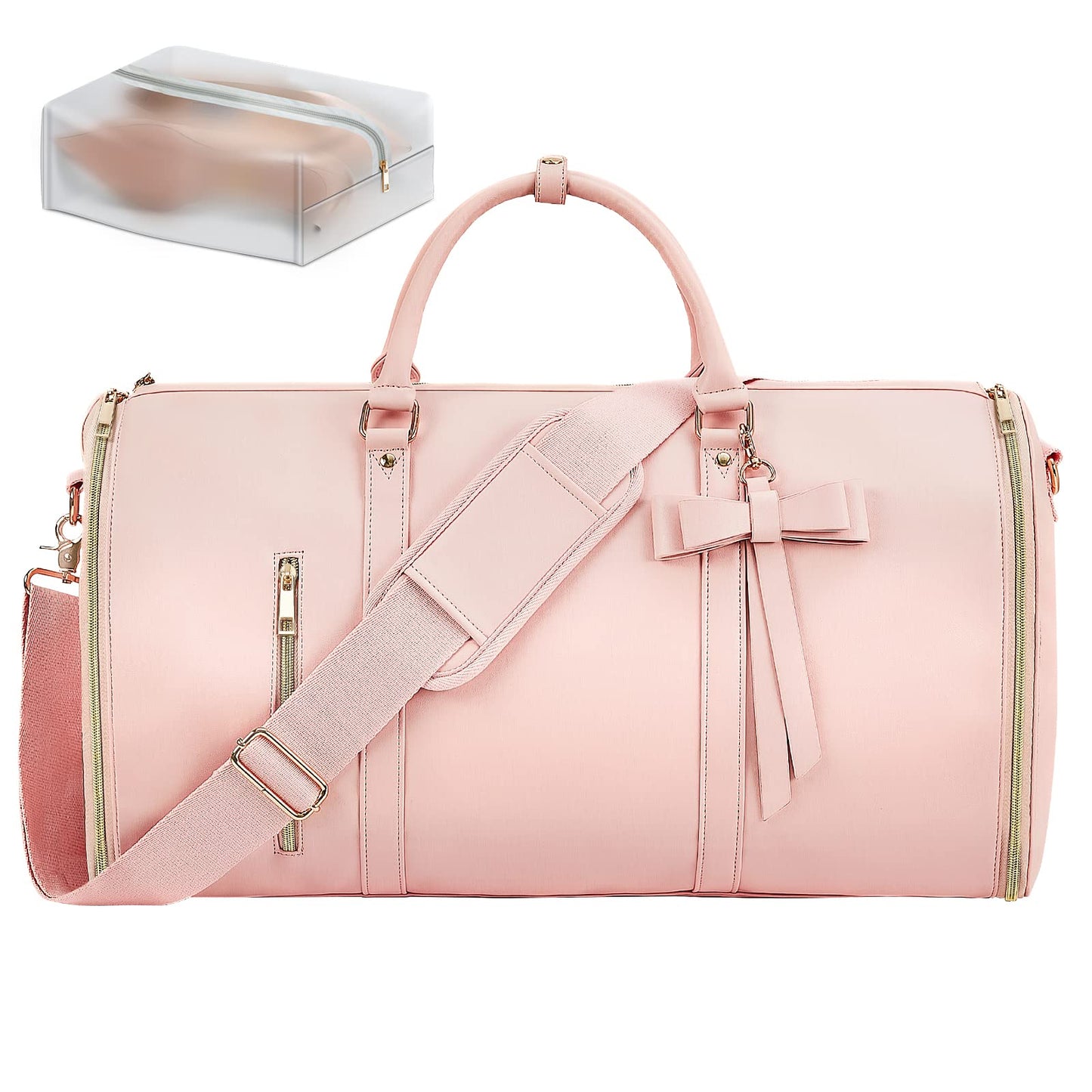 Garment Bags for Travel, Convertible Suit Travel Bag for Women, Stylish Carry On Garment Bag with Toiletry Pocket, Shoulder Strap and Shoes Compartment, 2 in 1 Foldable PU Leather Duffle Bag, Pink