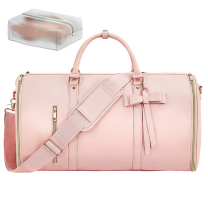 Garment Bags for Travel, Convertible Suit Travel Bag for Women, Stylish Carry On Garment Bag with Toiletry Pocket, Shoulder Strap and Shoes Compartment, 2 in 1 Foldable PU Leather Duffle Bag, Pink
