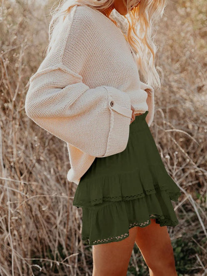 Aoudery Flowy Shorts for Women Casual Boho Ruffle Tiered Skorts High Waist Mini Skirts Golf Tennis Butterfly Crochet Shorts - Oliver Green M