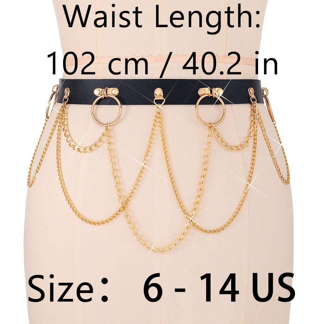 BODIY Black Leather Waist Chain Belt Gold Body Chain Punk Rave Accessories Fashion Body Jewelry for Women