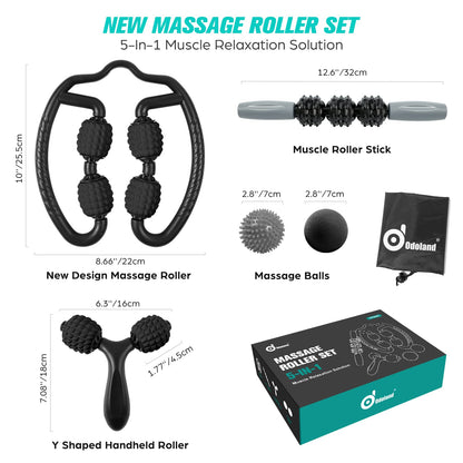 Odoland Massage Set - 360 Trigger Point, Muscle Roller Stick, Y Shaped Handheld, 2 Massage Balls for Legs, Arms - Myofascial & Deep Tissue Pain Relief - Black
