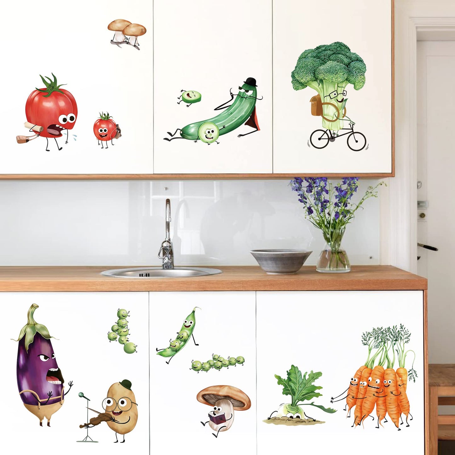 wondever Kitchen Food Wall Stickers Cartoon Vegetables Peel and Stick Wall Art Decals for Kitchen Cupboard Fridge