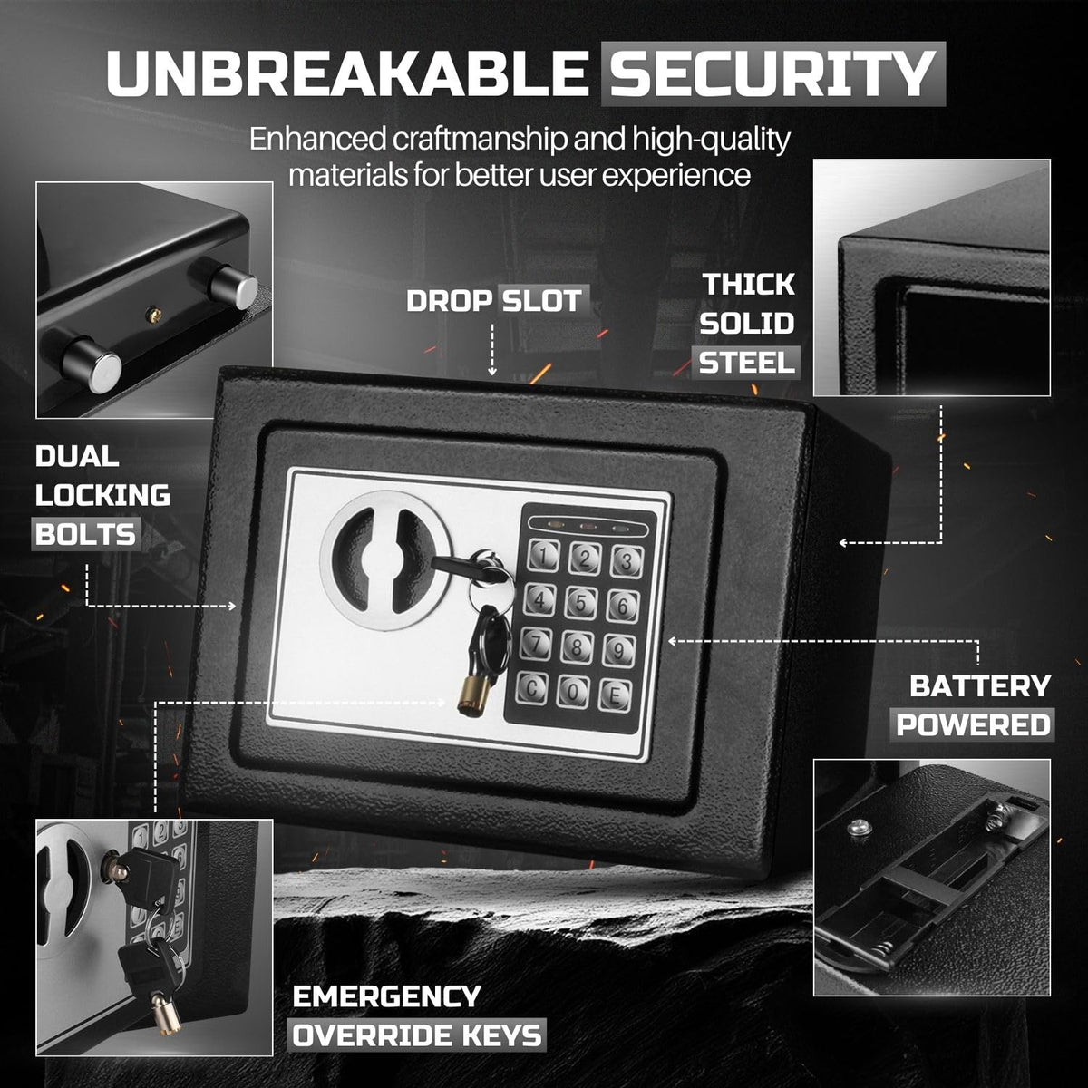 Flexzion Electronic Drop Safe Box with Digital Combination Lock - Cash Safe for Cabinets, Home & Office Security (9"x7"x7"), Black