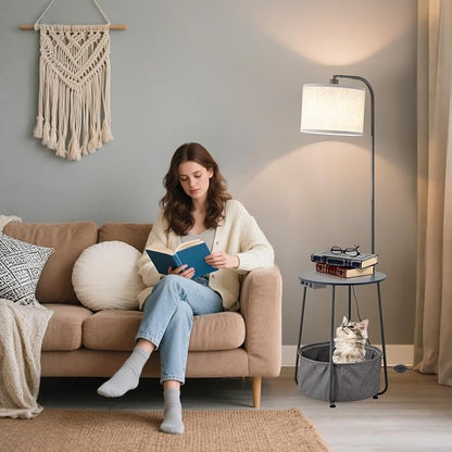 Floor Lamp with Cat Bed and Charging Station, Adjustable Lampshade, 3 Color Temperatures, Remote & Foot Switch Control, Standing Lamp with USB & AC Outlets for Living Room Bedroom, Gray